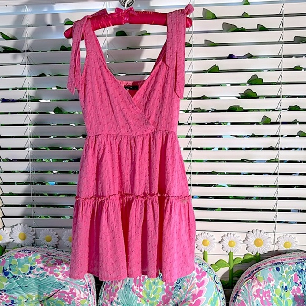 Shein bright Barbie pink wrap look eyelet dress with full, flirty ruffle skirt